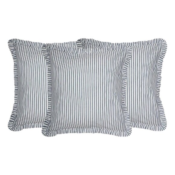 New Vintage Style Blue Ticking Striped Ruffle Euro Shams Pillow Covers 26” - 3 - Picture 1 of 9